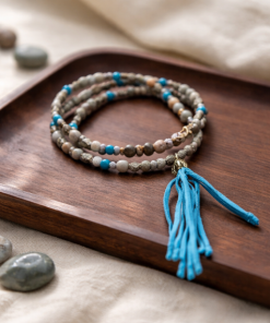 Agate & Jasper Blue Silk Fringed Boho Necklace