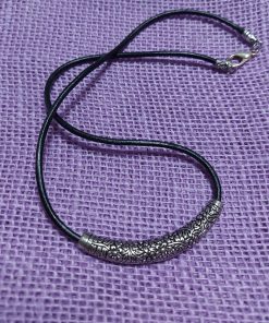 beautiful floral silver tone tube black leather necklace - wildchild708