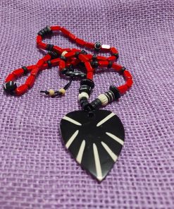 black and cream wood heart pendant red beaded necklace - wildchild708