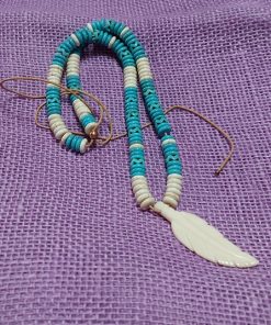 carved feather pendant on blue and bone color howlite beads - wildchild708