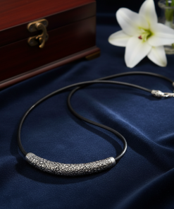 Floral Silver Tone Tube & Black Leather Cord Necklace