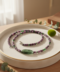 Green Focal & Purple Glass Beaded Necklace
