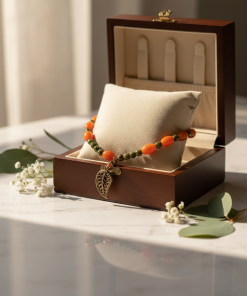 Bracelet made of pumpkin color and green beads with a brass leaf dangle.