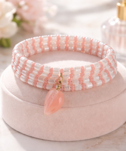 Peaches And Cream Beaded Heart Bracelet