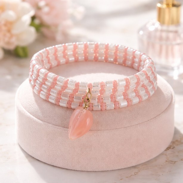 Peaches And Cream Beaded Heart Bracelet