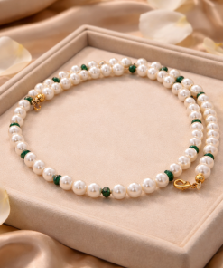 Pearls & Green Teardrop Beaded Stacking Necklace