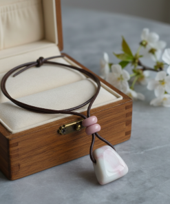 Pink Ceramic Pendant on Leather Cord Necklace