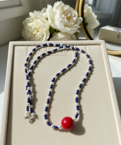Red Fireball & Blue/White Beaded Statement Necklace