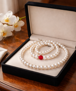 Ruby Red Glass & Long Pearl 36-Inch Beaded Necklace