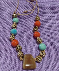 southwest brown, coral, aqua large ceramic earth beaded necklace -