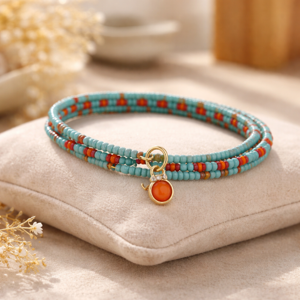 Turquoise And Orange Slender Bracelet