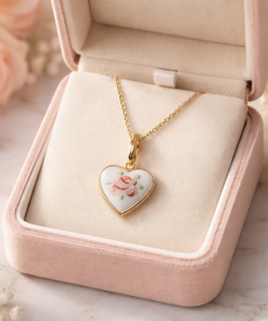 Vintage Enameled Pink Rose Heart Pendant Necklace