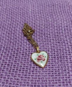 enameled pink rose heart pendant | pink rose necklace - wildchild708