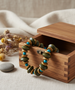 Walnut Coffee And Deep Turquoise Wood Bead 7 inch Stretch Bracelet