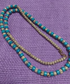 zebra print natural wood and turquoise wood bead 36 inch beaded necklace - wildchild708