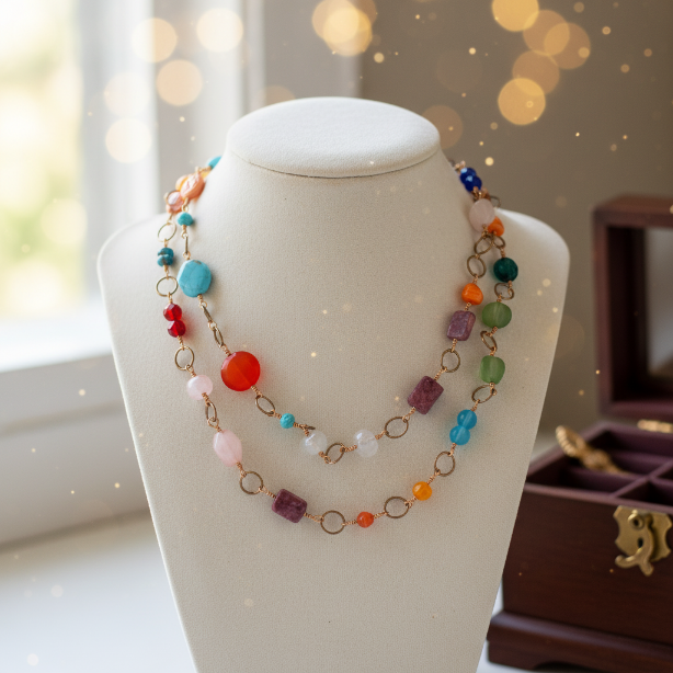 Super Long Hand-Wired Multi-Color Beaded Necklace