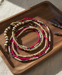Boho 3-Layer Pink, Black & Natural Bone Bead Necklace
