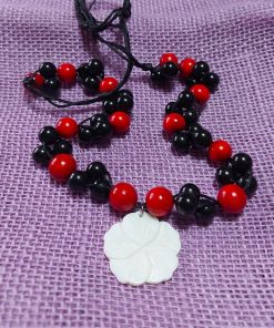 red and black bead with white flower focal necklace - wildchild708