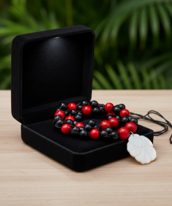 Red & Black Beaded Necklace with White Flower Focal