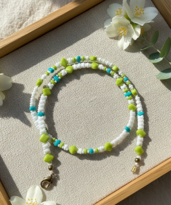Lime, Teal And White Beaded Necklace