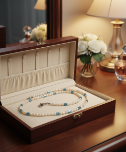 Pearl & Iridescent Blue Glass Bead Necklace
