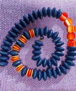 blue wood saucer bead and African orange bead necklace | blue and orange necklace | rustic bead necklace – wildchild708