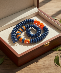 Rustic Blue Wood And Ghanaian Vibrant Orange Recycled Glass Bead Necklace