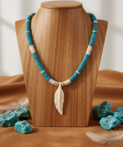 Carved Howlite Feather Pendant on Blue & Bone Beads