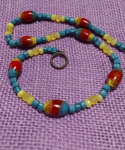 teal gooseberry, yellow glass and burnt red porcelain beaded necklace - wildchild708