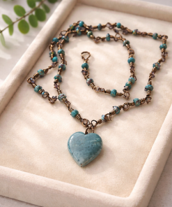 Rustic Wire Wrapped Green Jasper & Heart Necklace