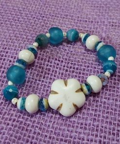 Alternative view of Sardonyx, Howlite, and African Blue Glass Flower 7" Stretch Bracelet